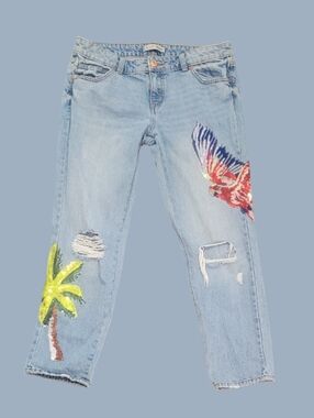 Denim Co. Ladie's Blue Embroidered Sequin Jeans With Tropical Parrot & Palm Tree